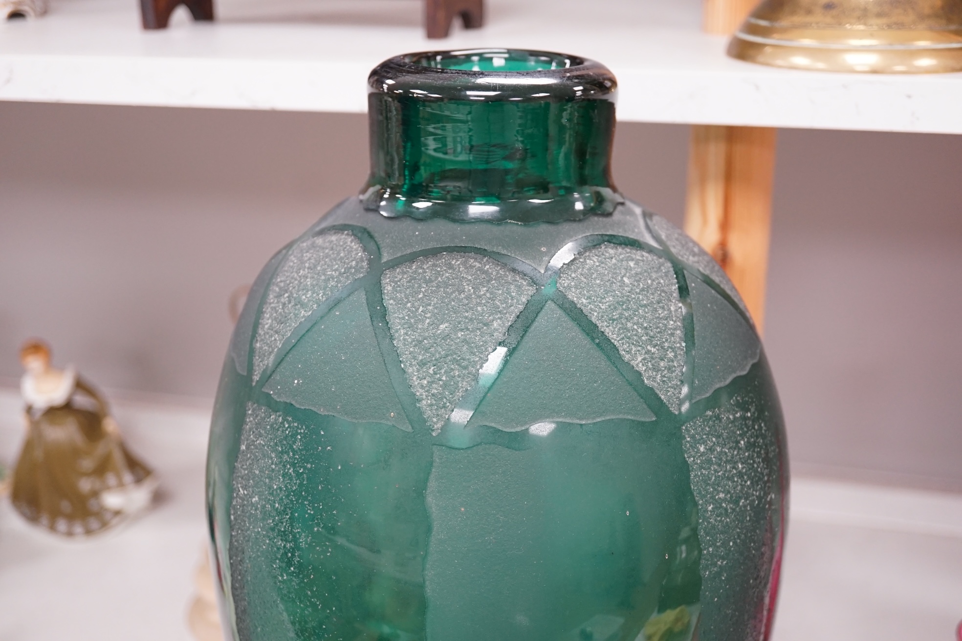 A French Art Deco etched green glass vase by Verart, 49cm high. Condition - good.